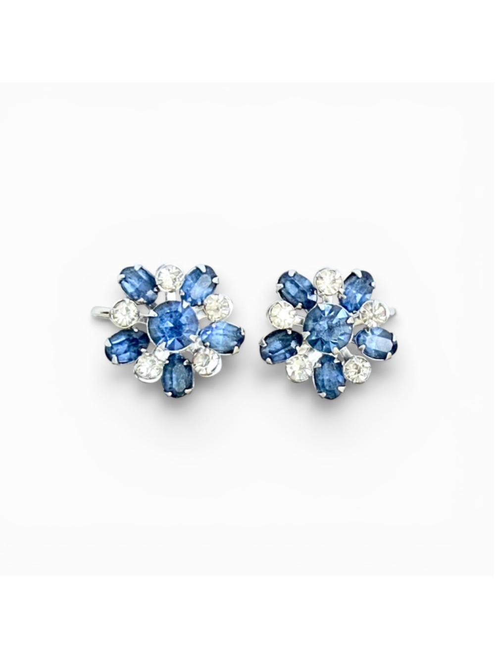 Vintage Sapphire Blue Rhinestone Earrings, Floral Screw Back Earrings